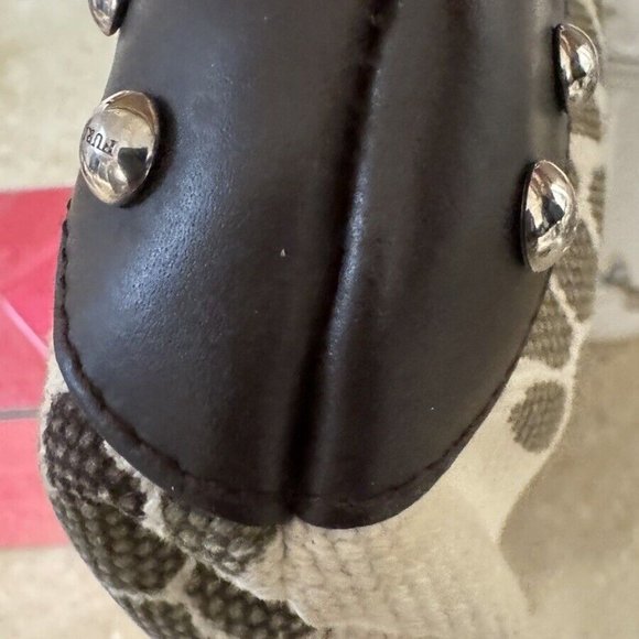 FURLA Beige and Tan Canvas and Leather Gold Studded Shoulder Bag *Very Very Rare - Picture 8 of 16